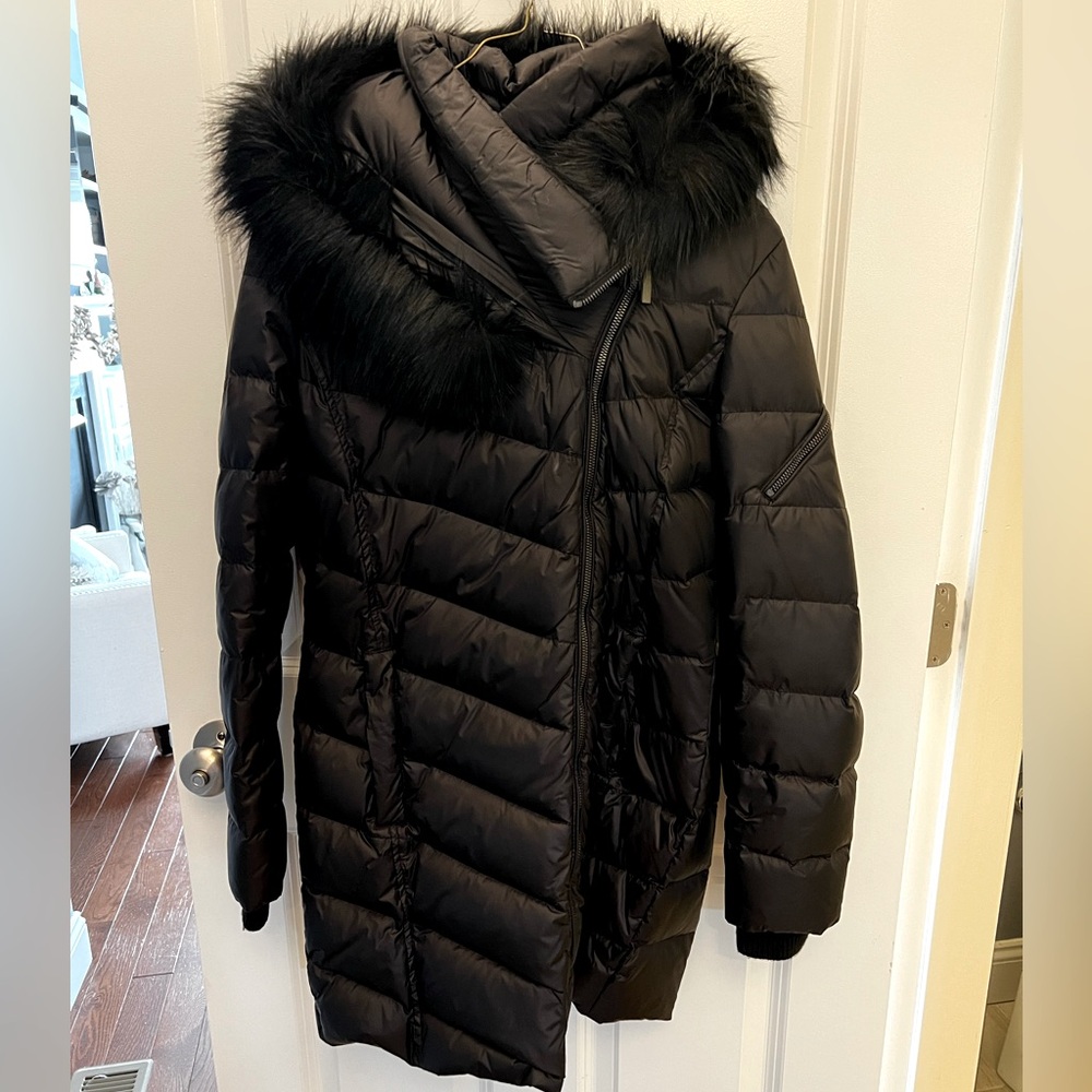 French Connection Women’s Long Black Puffer Coat w/ Faux Fir Trim Hood, Small